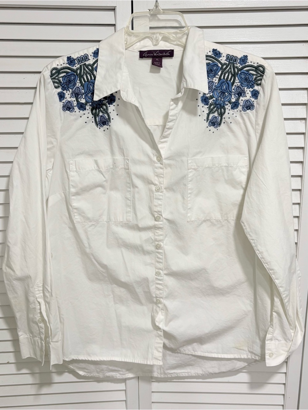 Gloria Vanderbilt Embroidered Floral Button Down Long Sleeve Shirt White XL